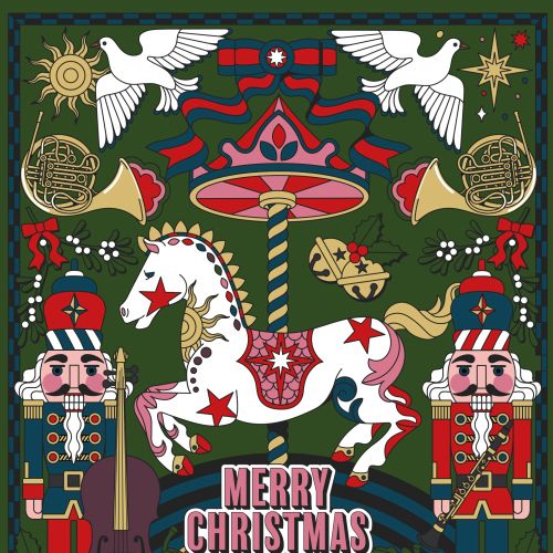 Festive illustration with nutcrackers, carousel horse, and doves by Season of Victory