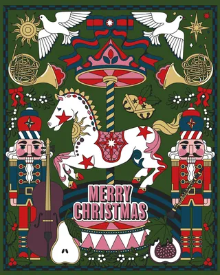 Festive illustration with nutcrackers, carousel horse, and doves by Season of Victory