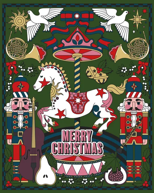 Festive illustration with nutcrackers, carousel horse, and doves by Season of Victory