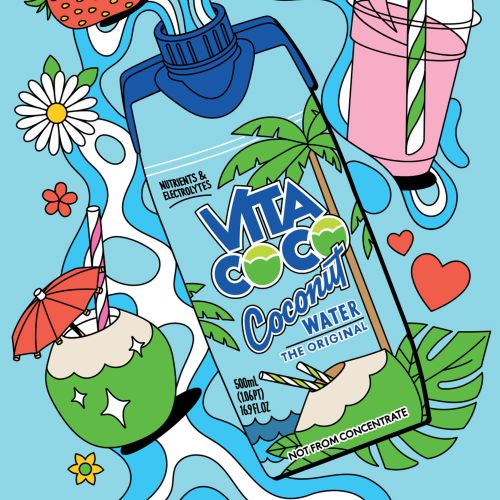 Colorful illustration of Vita Coco coconut water with fruit and smoothie by Season of Victory