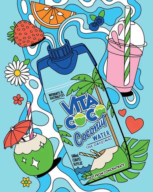 Colorful illustration of Vita Coco coconut water with fruit and smoothie by Season of Victory