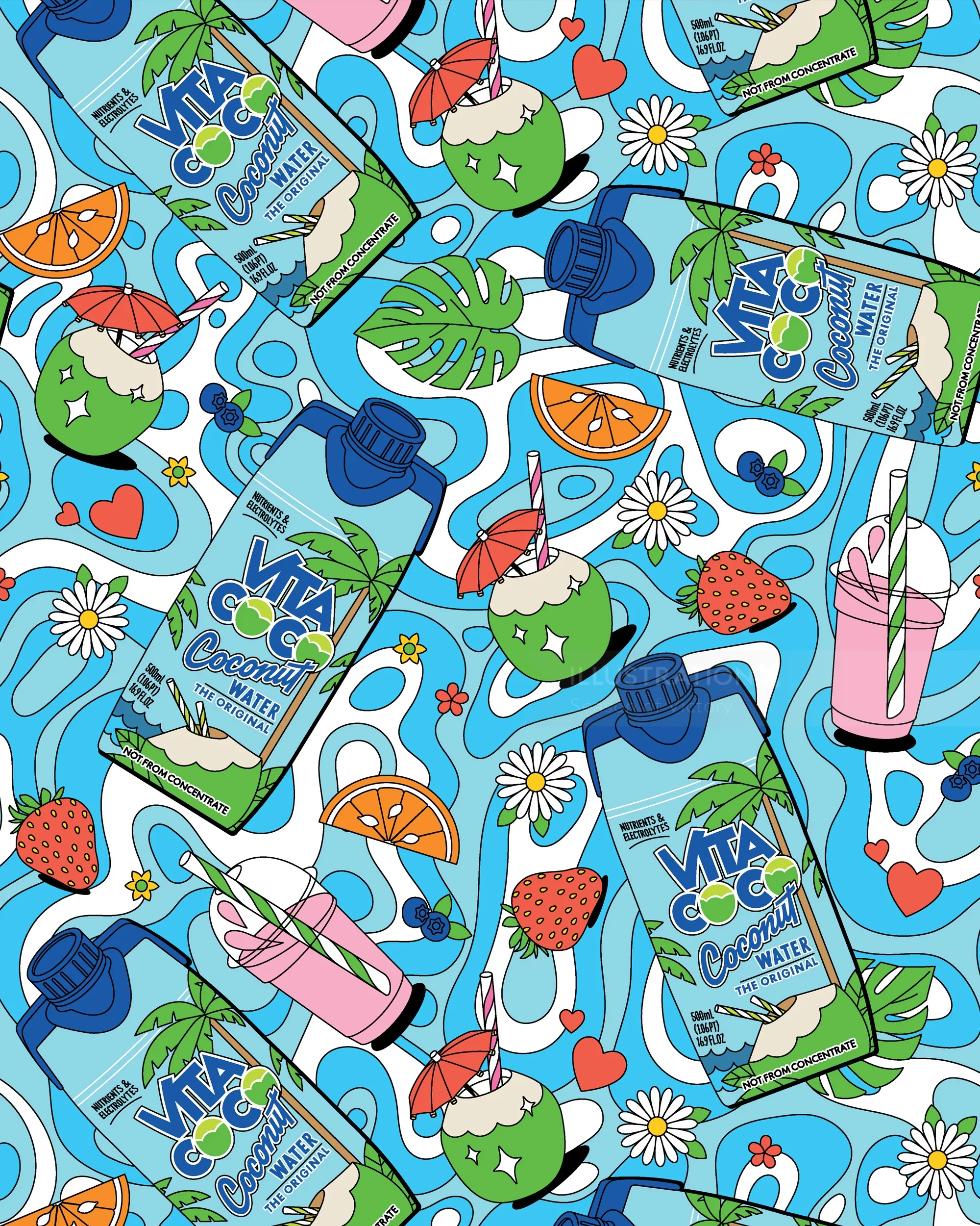 Bright pattern with Vita Coco bottles and tropical fruits by Season of Victory