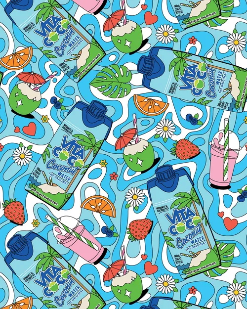 Bright pattern with Vita Coco bottles and tropical fruits by Season of Victory