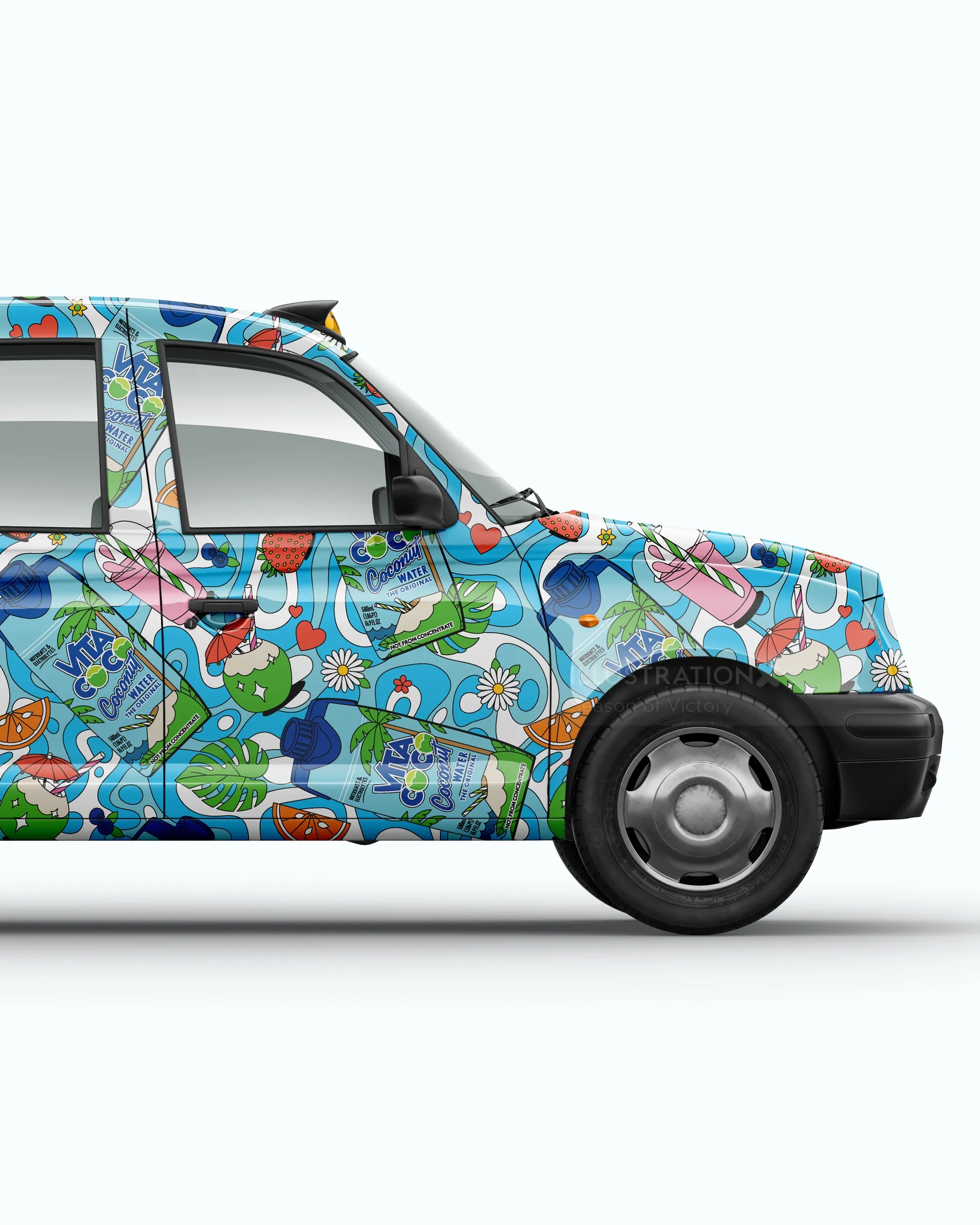 Colorful Vita Coco car wrap with tropical coconut water designs by Season of Victory