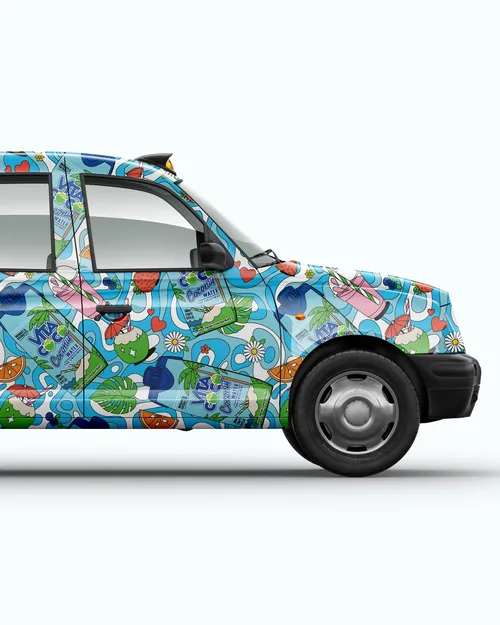 Colorful Vita Coco car wrap with tropical coconut water designs by Season of Victory