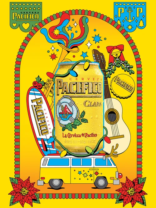 Holiday-themed Pacifico beer illustration with guitar, van, and festive icons by Season of Victory
