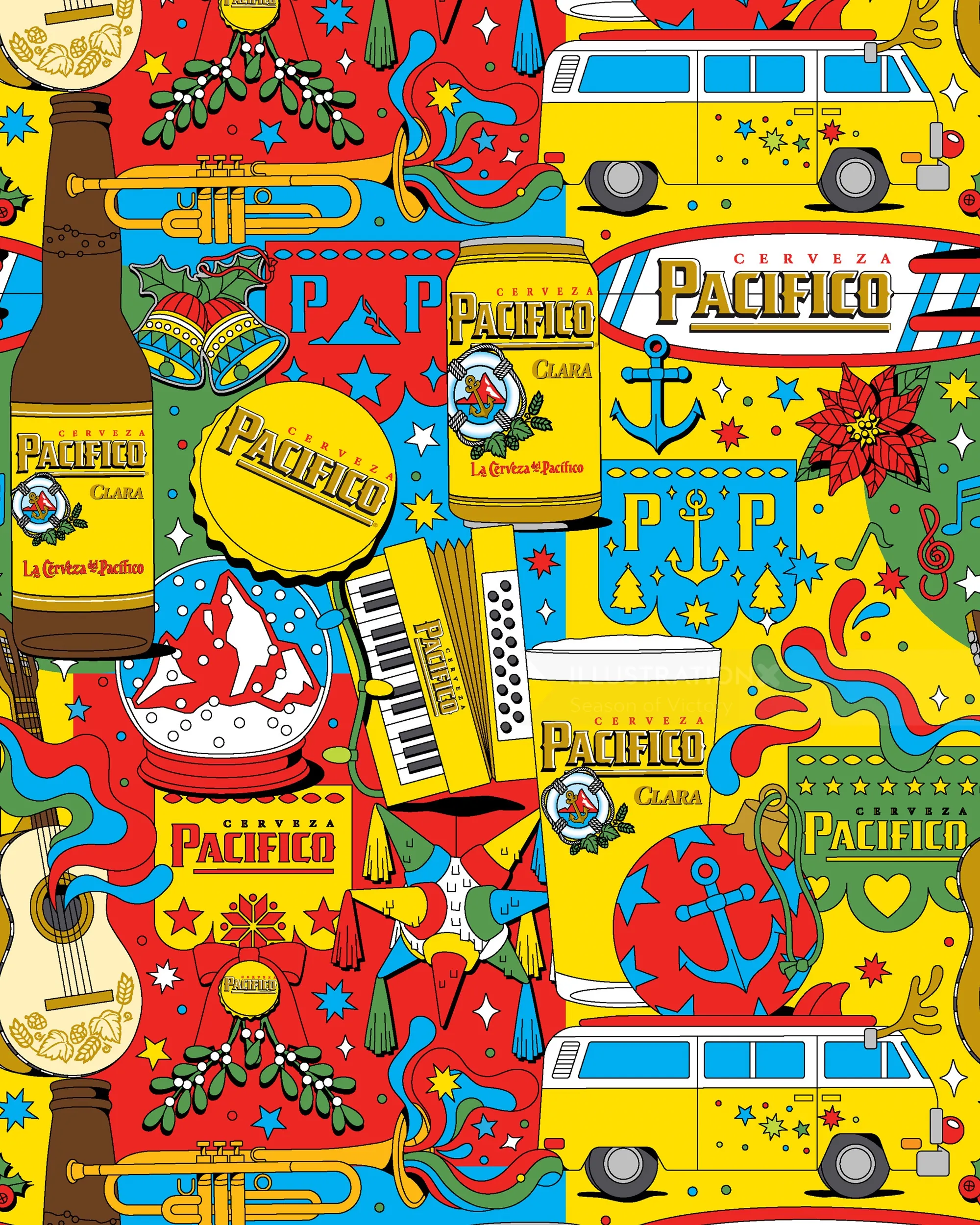 Colorful Christmas pattern with Pacifico Beer and surf culture by Season of Victory