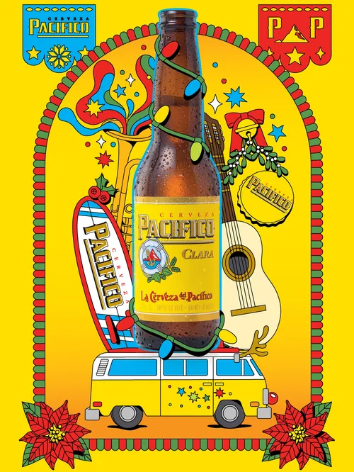 Pacifico Beer holiday illustration with surfboard, guitar, and van by Season of Victory