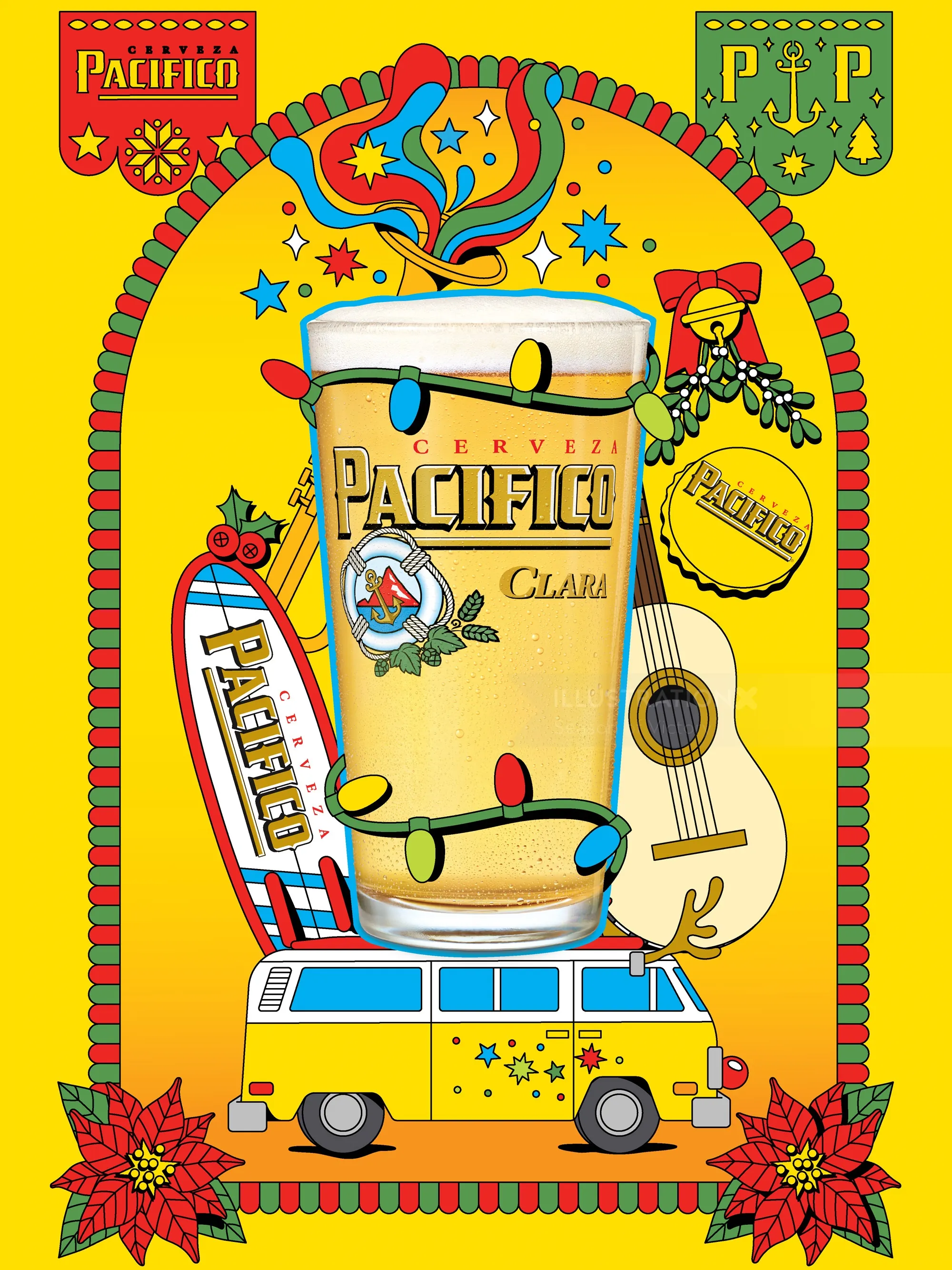Pacifico beer glass with surfboard, guitar, van, and Christmas decoration by Season of Victory