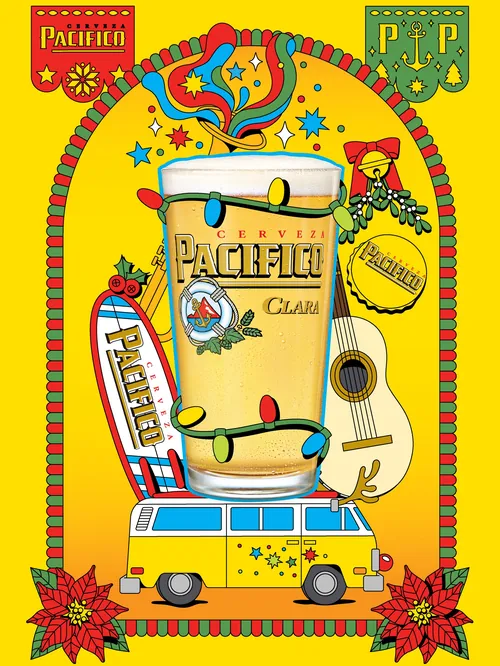 Pacifico beer glass with surfboard, guitar, van, and Christmas decoration by Season of Victory