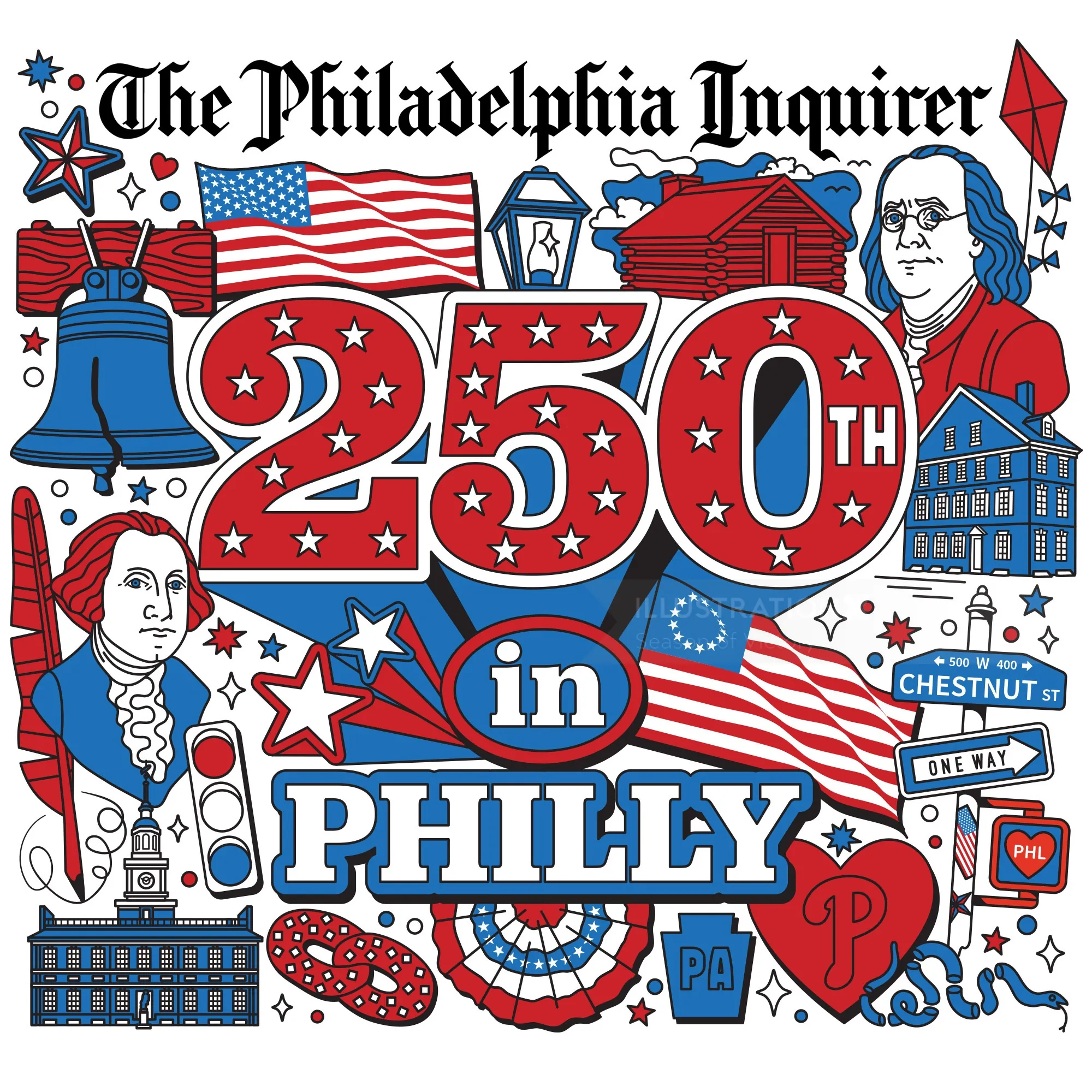 Philadelphia Inquirer 250th anniversary cover with historical and modern Philly symbols by Season of