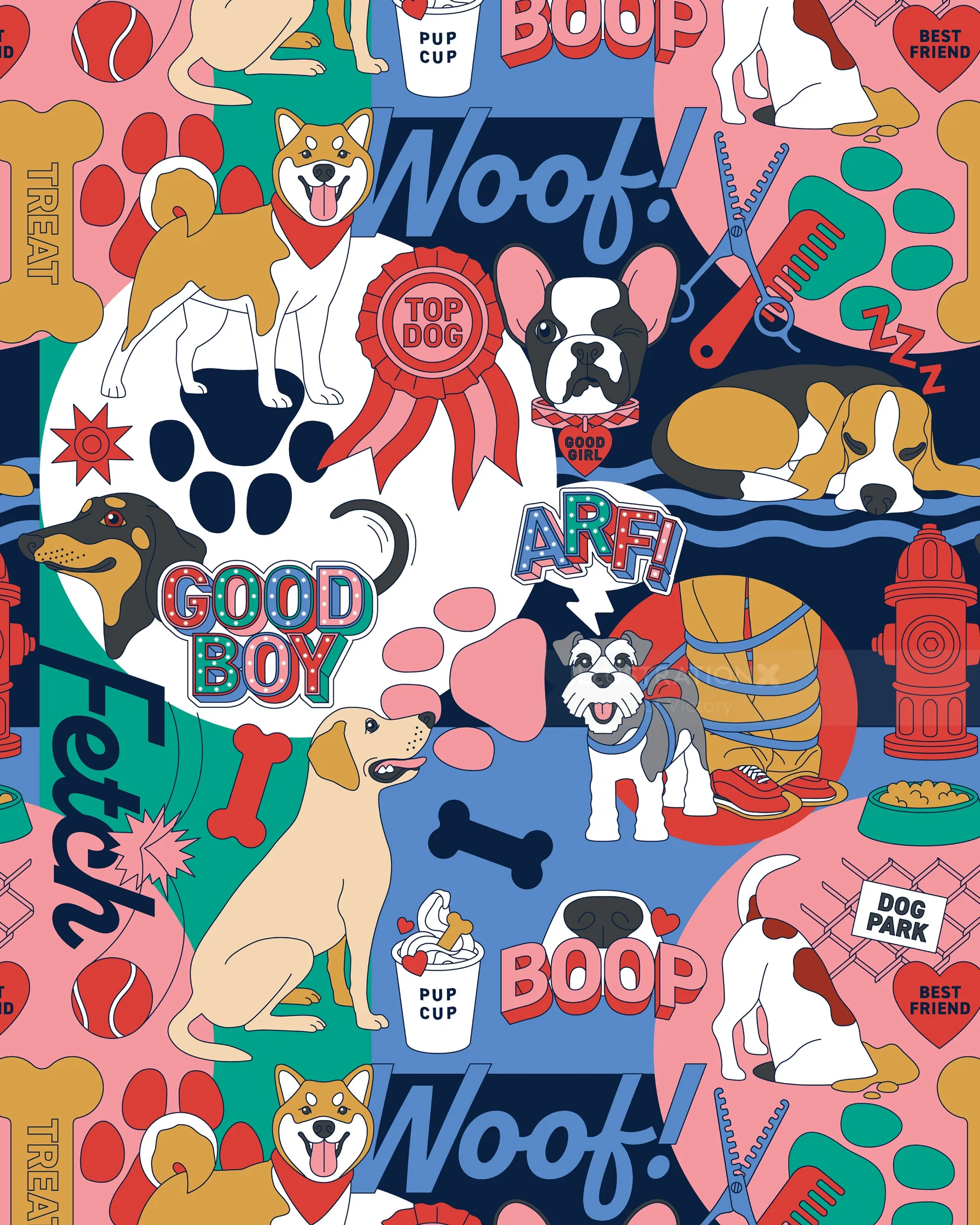 Colorful dog collage with playful pups and pet-related elements by Season of Victory