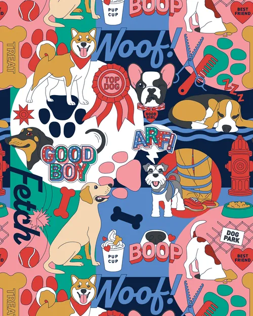 Colorful dog collage with playful pups and pet-related elements by Season of Victory
