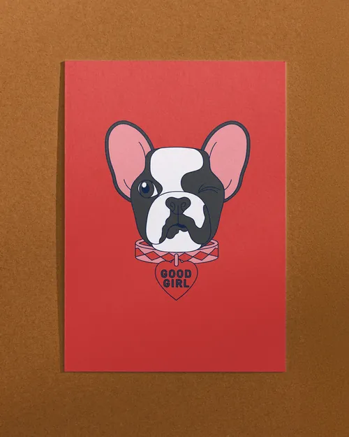 Illustration of a French Bulldog wearing a collar by Season of Victory