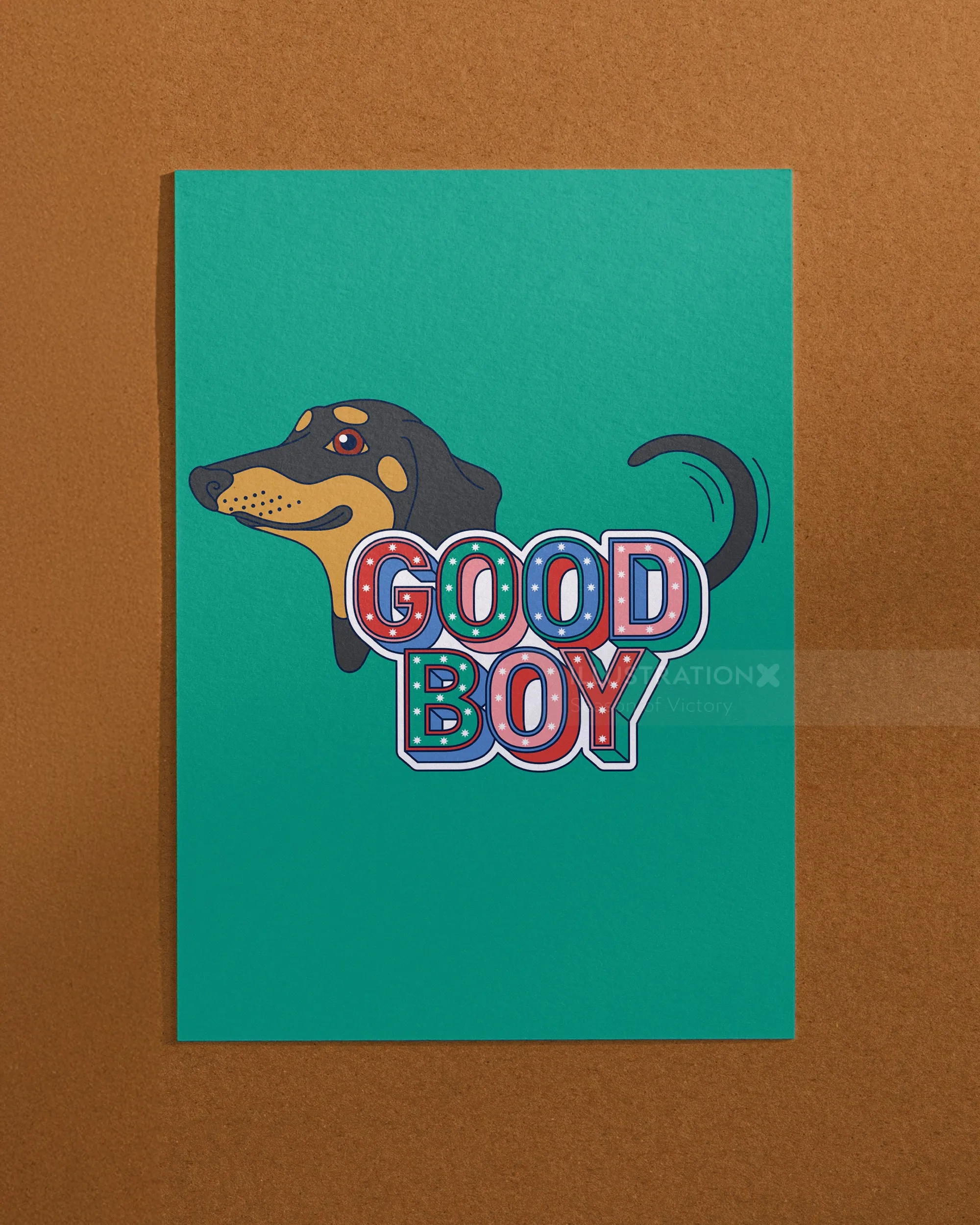 Dachshund dog with colorful Good Boy text by Season of Victory
