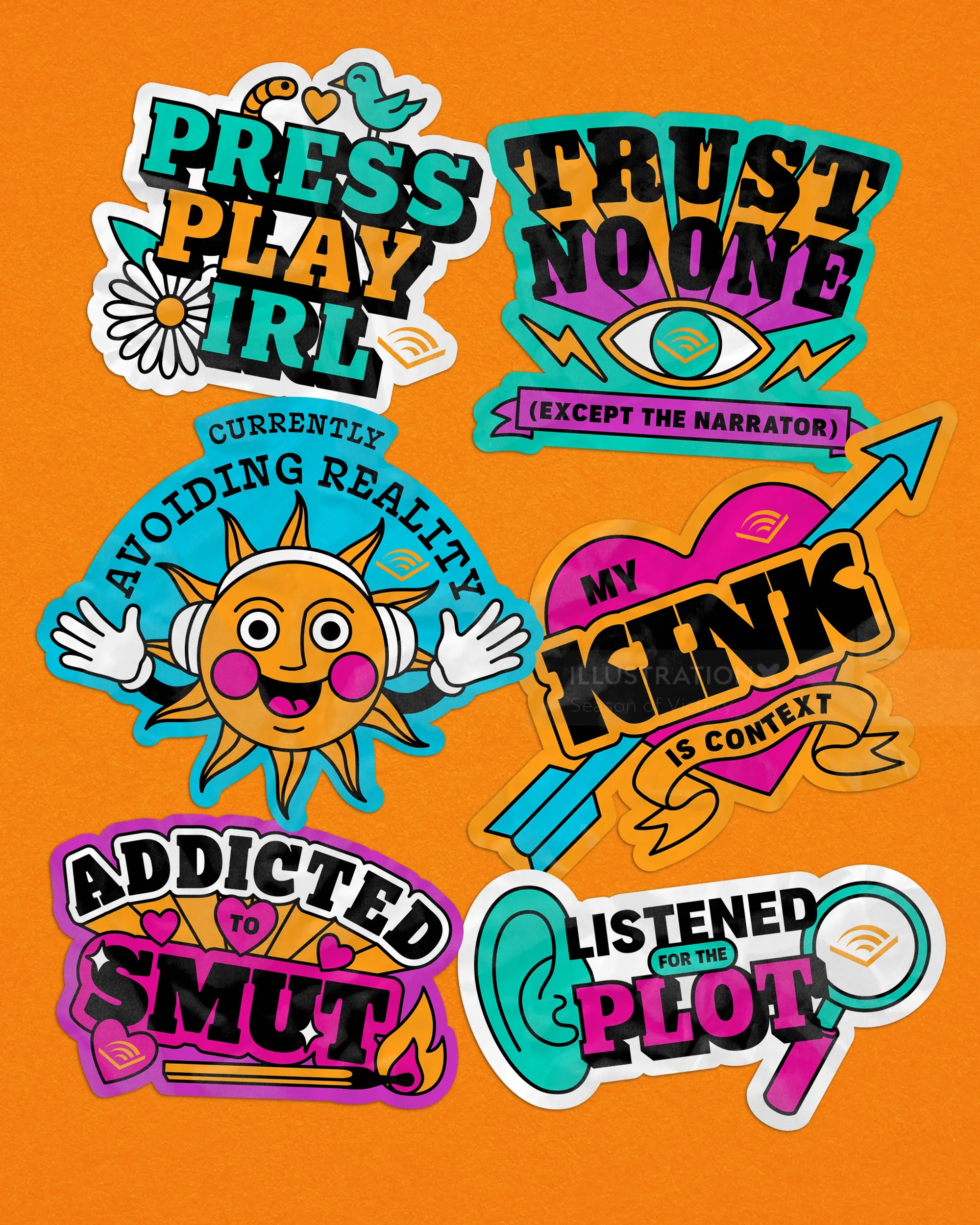 Colorful illustrated stickers promoting audiobook themes by Season of Victory
