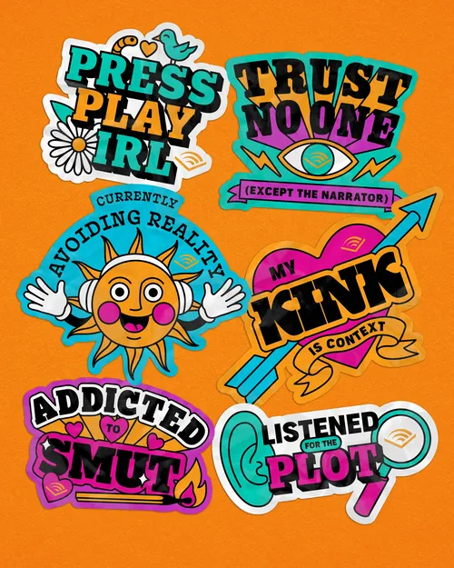 Colorful illustrated stickers promoting audiobook themes by Season of Victory