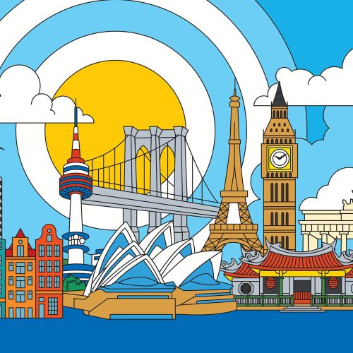 Colorful illustration of famous global city landmarks by Season of Victory