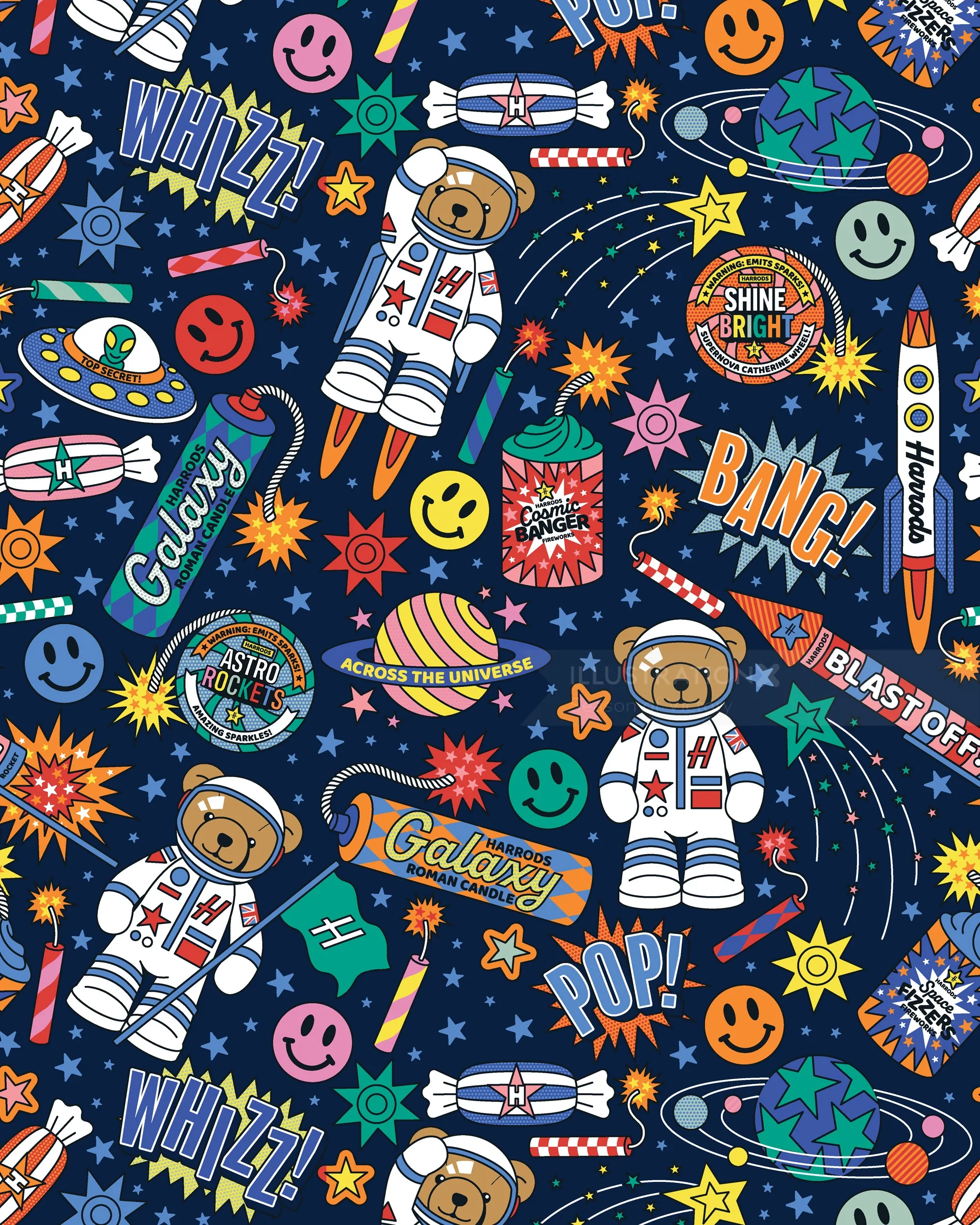 Ours astronautes dans l'espace avec des planètes et un texte de style bande dessinée par Season of Victory