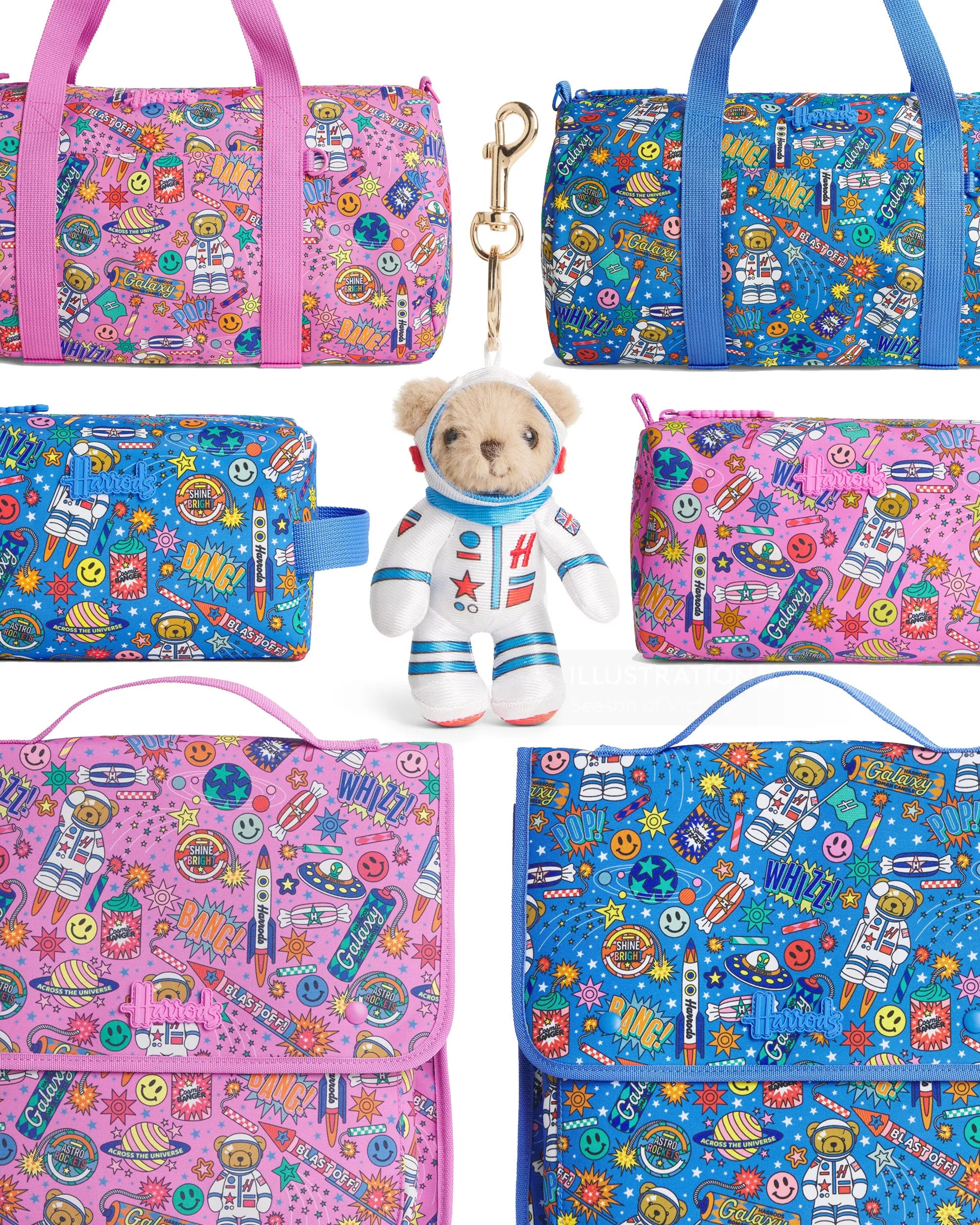 Collection Harrods Pop Rockets avec un ours astronaute et des sacs de voyage colorés de Season of Victor