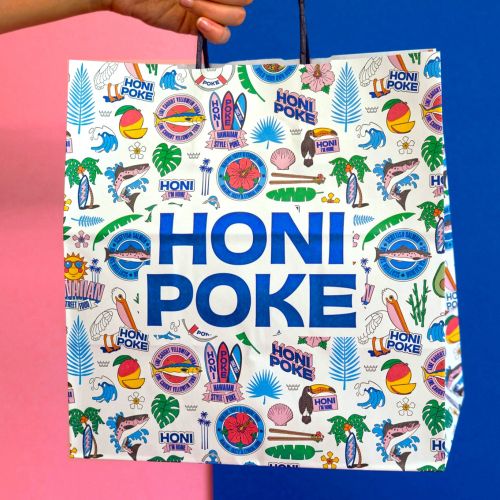 Season of Victory Honi Poke tote bag with colorful tropical illustrations