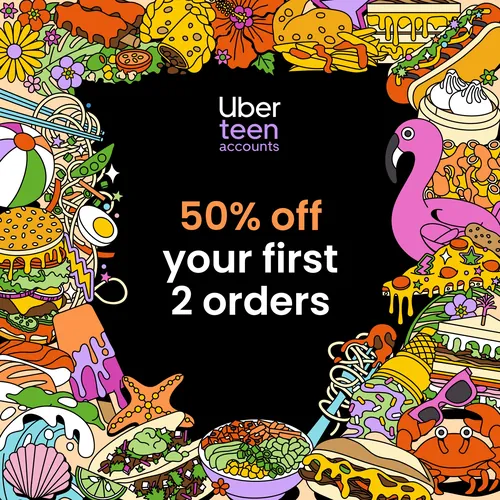 Season of Victory Uberのティーン向けアカウントのイラスト。最初の2回の注文が50%オフ。