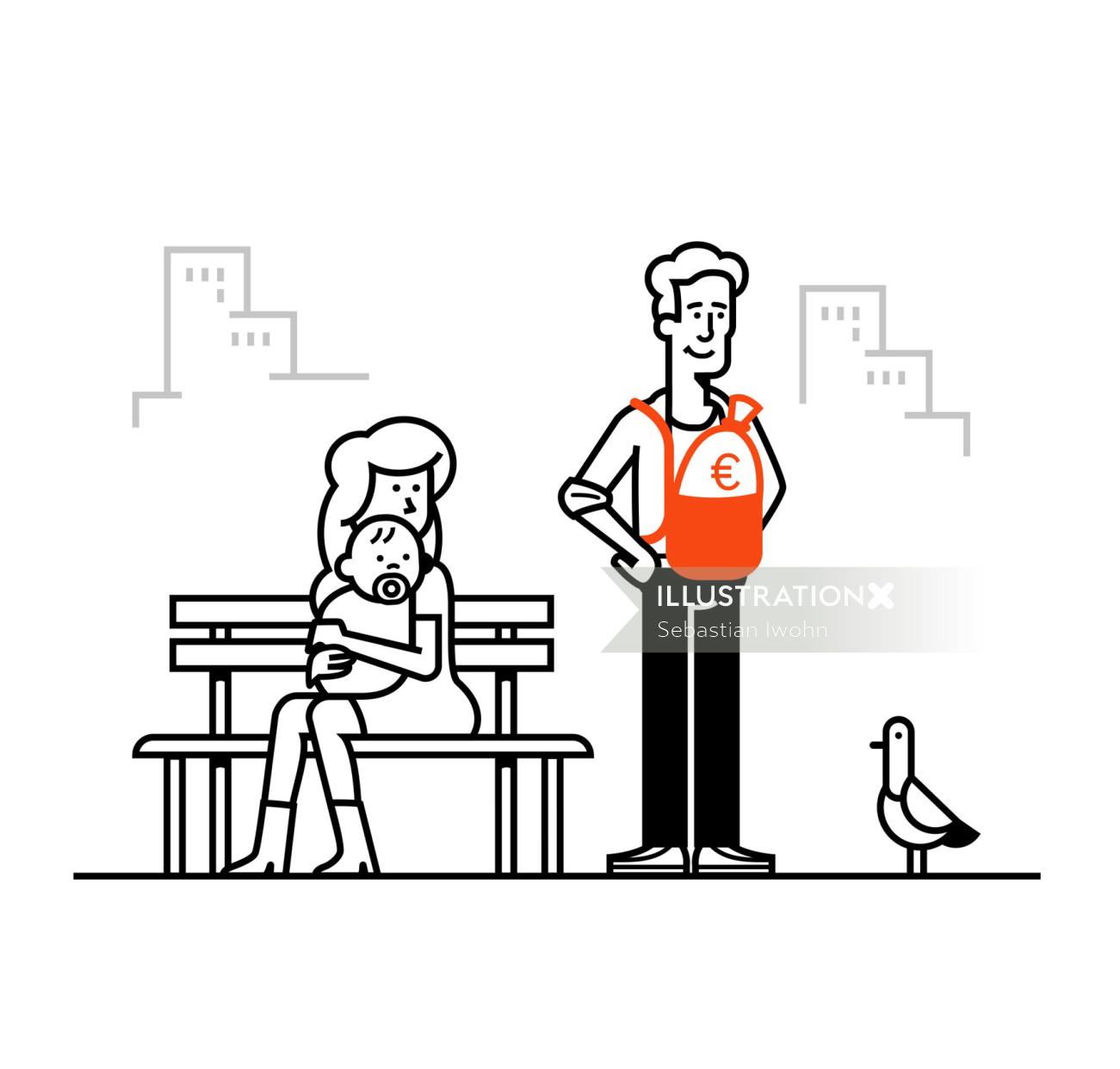 Line art of family with bird