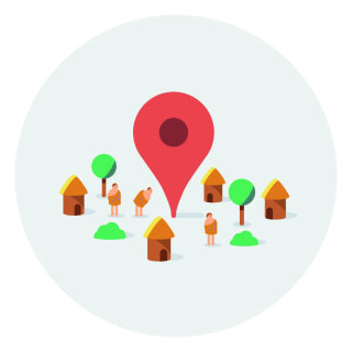 Ícone gráfico de localização com cabanas