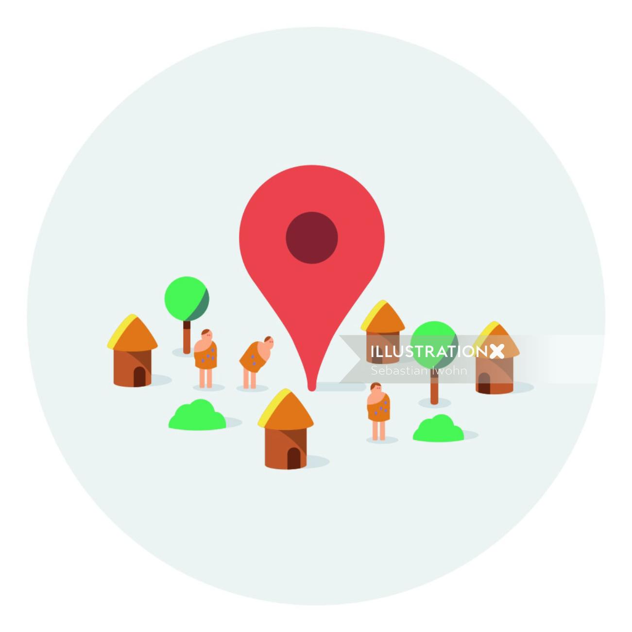 Graphic location icon with huts