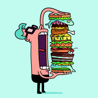 Hombre gráfico con hamburguesa grande.