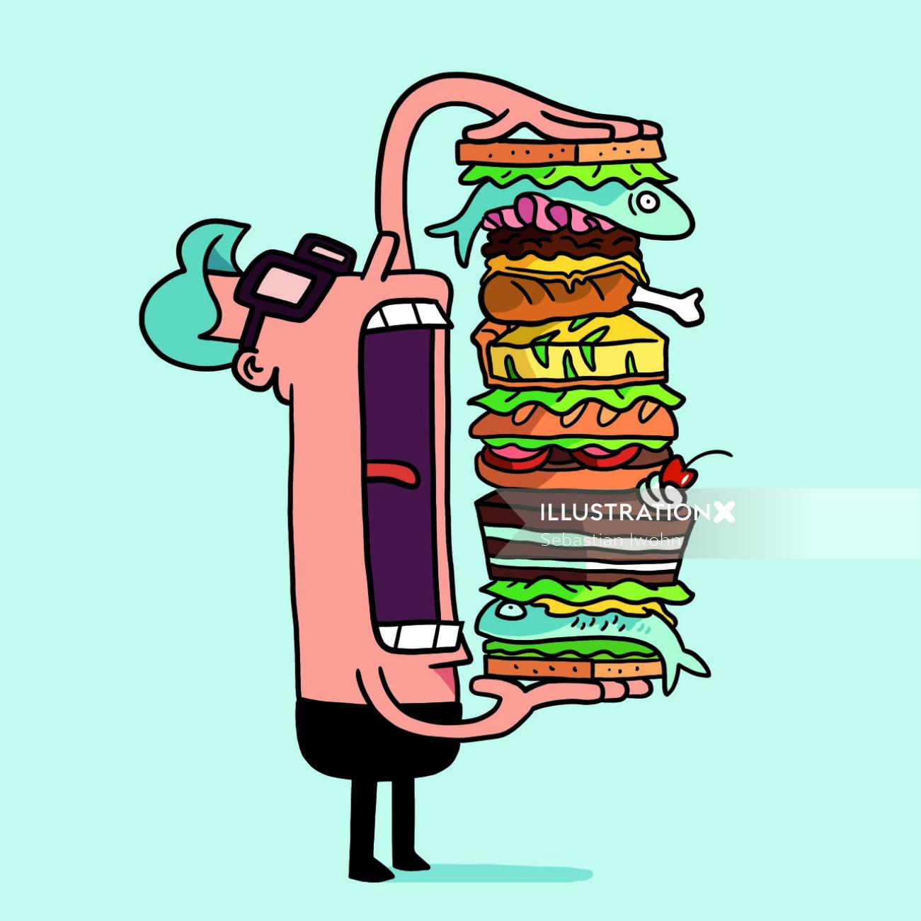 大きなハンバーガーを持つグラフィック男