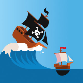 Barco pirata gráfico en ola alta.