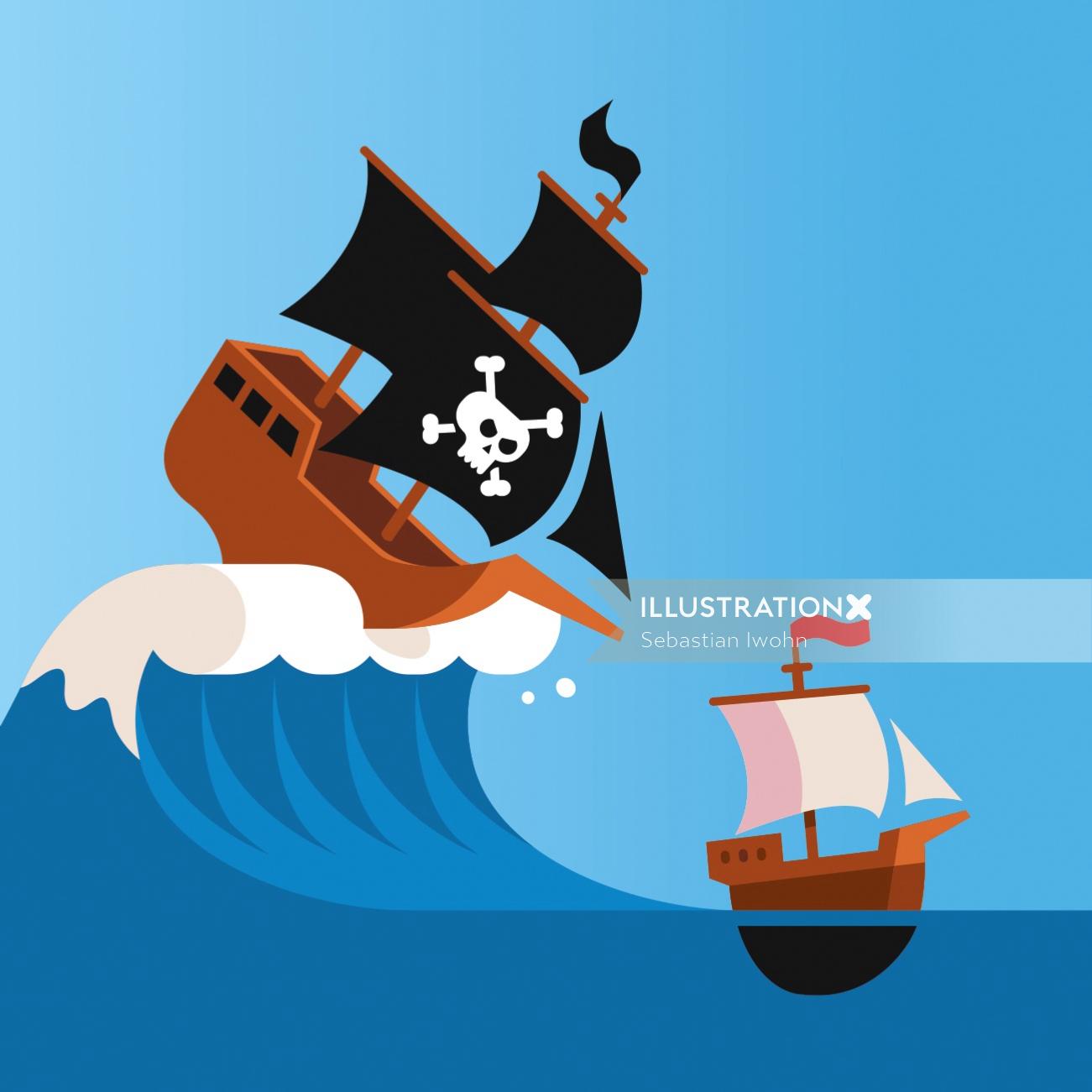 Graphic pirate ship on high wave
