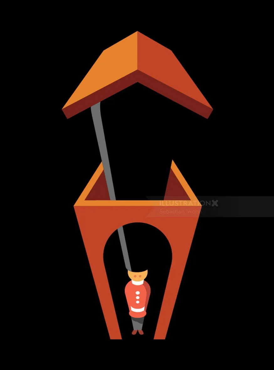 Abstract figure hanging inside orange structure by Sebastian Iwohn