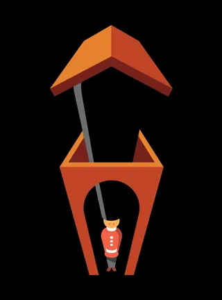 Abstract figure hanging inside orange structure by Sebastian Iwohn