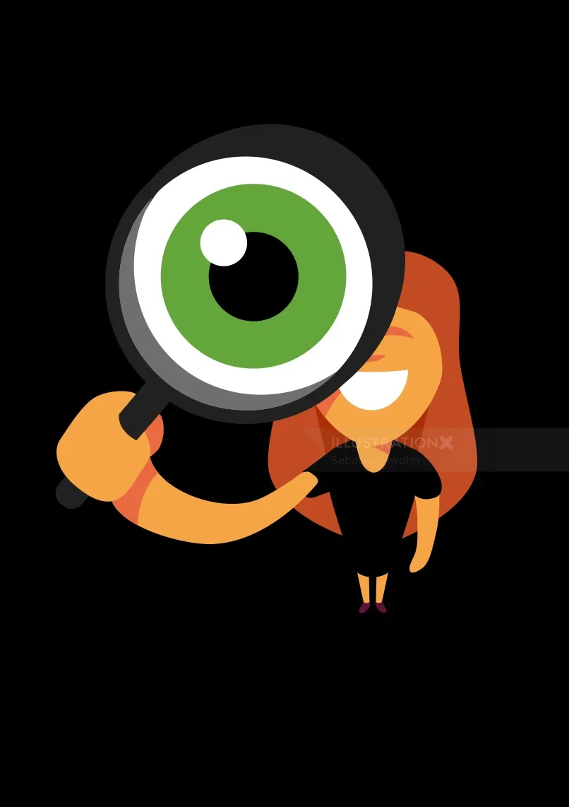 Cartoon woman holding magnifying glass with green eye by Sebastian Iwohn