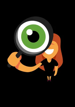 Cartoon woman holding magnifying glass with green eye by Sebastian Iwohn