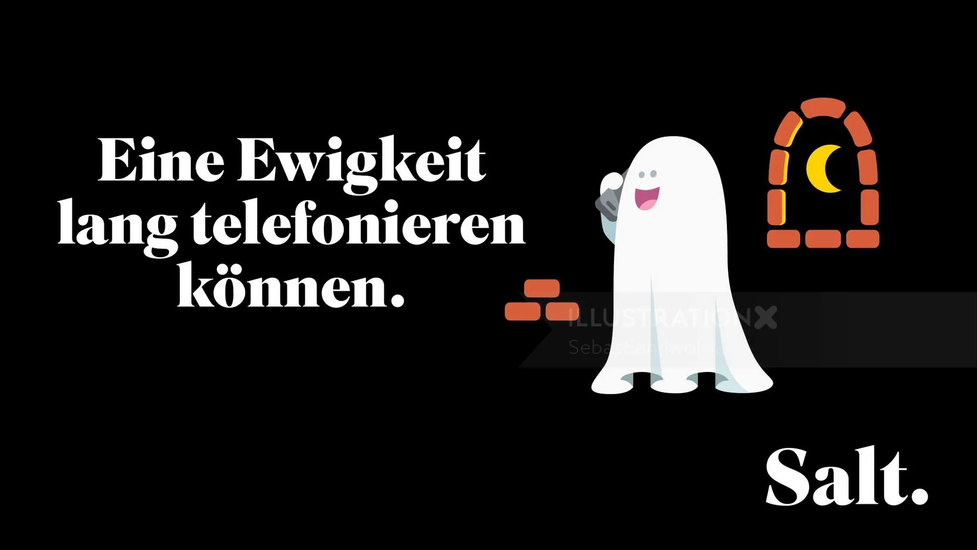 Ghost holding phone receiver near phone booth, illustration by Sebastian Iwohn