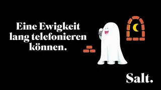 Ghost holding phone receiver near phone booth, illustration by Sebastian Iwohn
