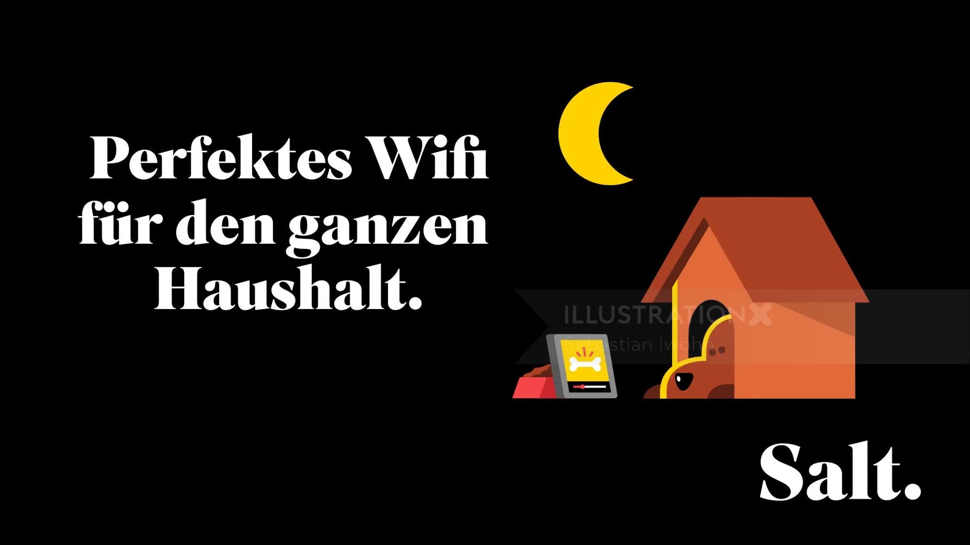 Illustration of house and pet dog with WiFi device under moonlight by Sebastian Iwohn