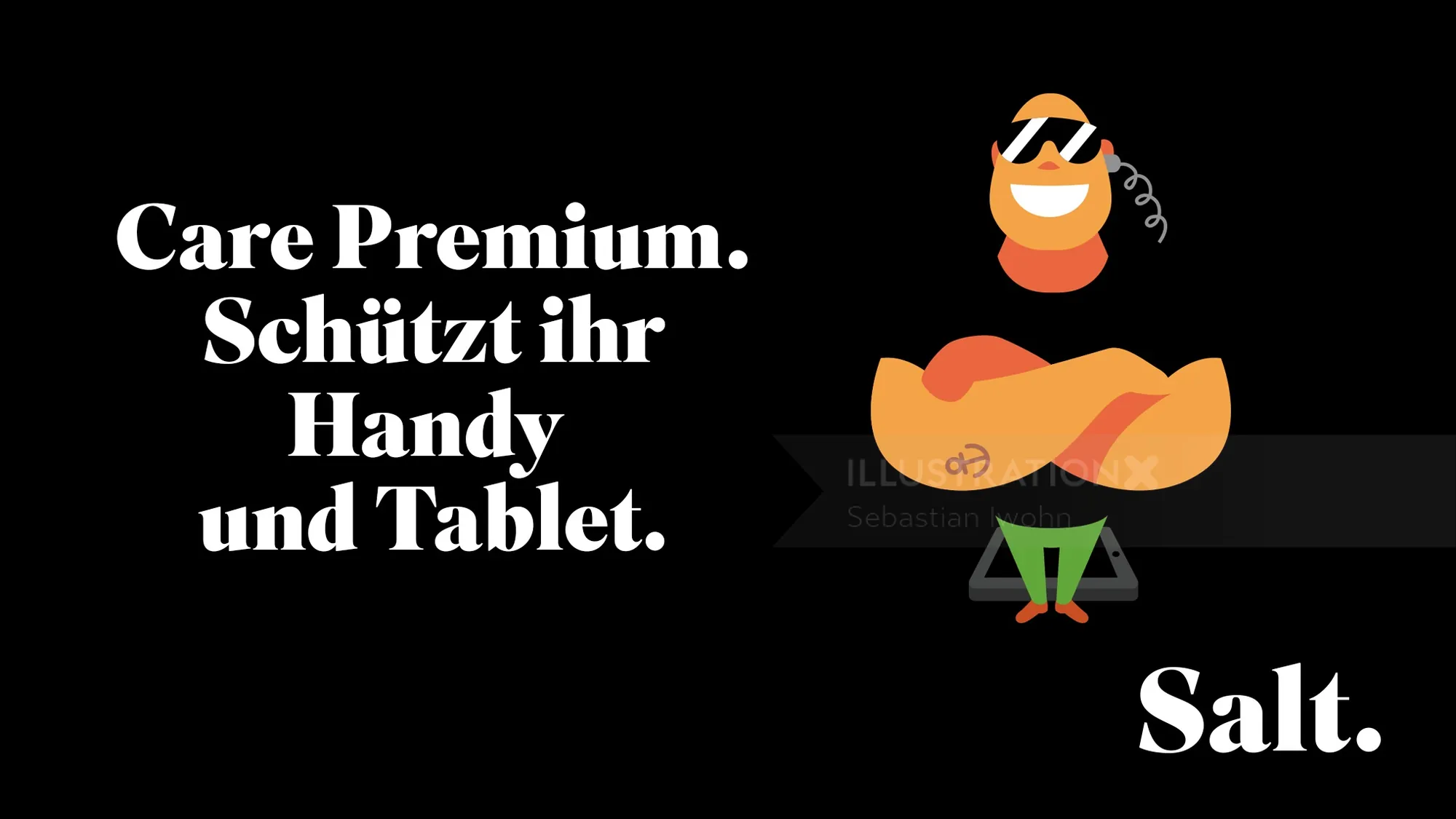 Cartoon character with crossed arms promoting Salt mobile protection by Sebastian Iwohn