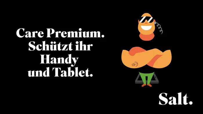 Cartoon character with crossed arms promoting Salt mobile protection by Sebastian Iwohn