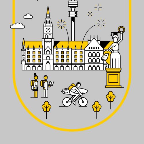 Munich cityscape with Frauenkirche, TV tower, cyclists, and pedestrians by Sebastian Iwohn