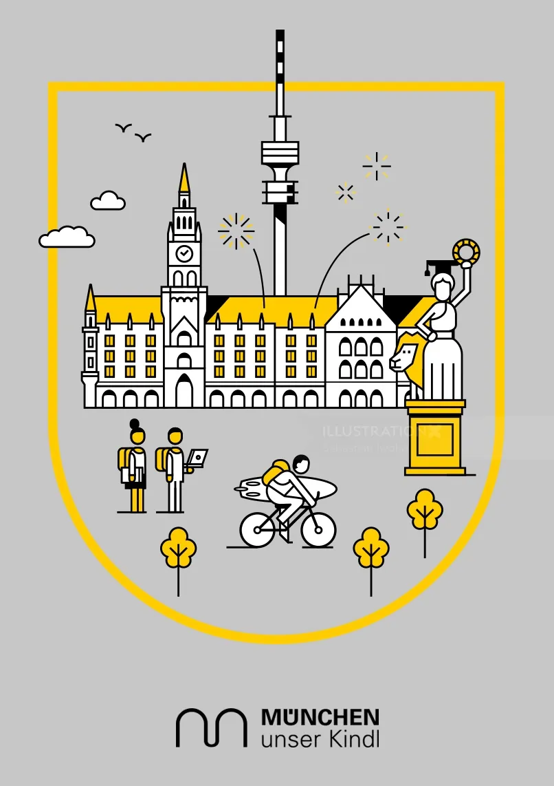 Munich cityscape with Frauenkirche, TV tower, cyclists, and pedestrians by Sebastian Iwohn