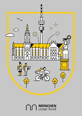 Munich cityscape with Frauenkirche, TV tower, cyclists, and pedestrians by Sebastian Iwohn