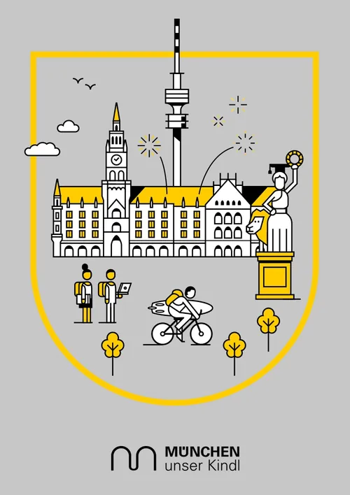 Munich cityscape with Frauenkirche, TV tower, cyclists, and pedestrians by Sebastian Iwohn