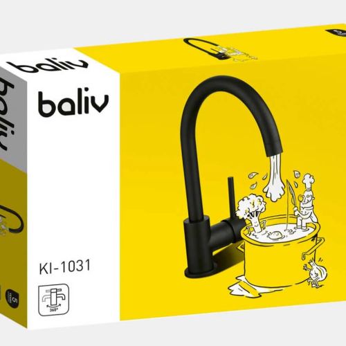 Baliv kitchen faucet packaging with creative cartoon illustration by Sebastian Iwohn