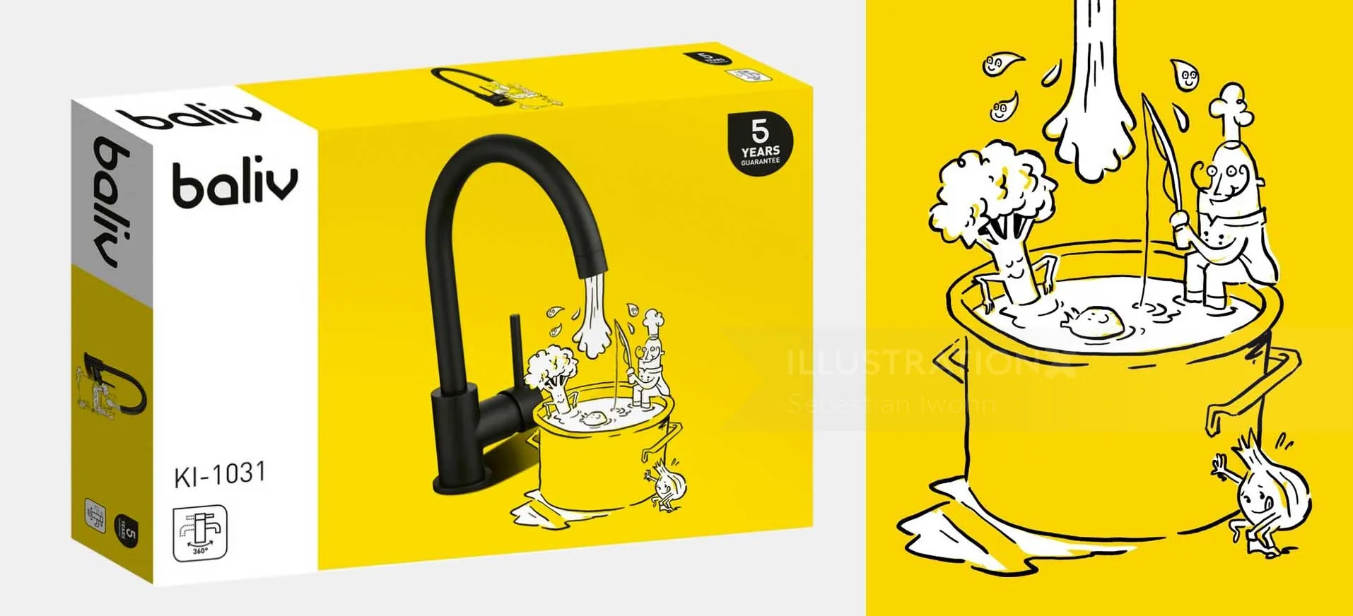 Baliv kitchen faucet packaging with creative cartoon illustration by Sebastian Iwohn