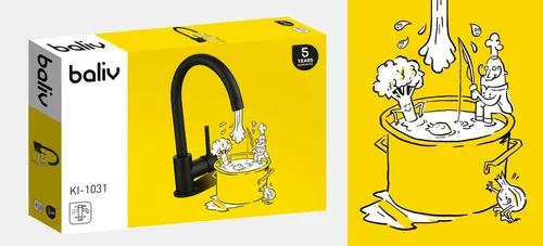 Baliv kitchen faucet packaging with creative cartoon illustration by Sebastian Iwohn
