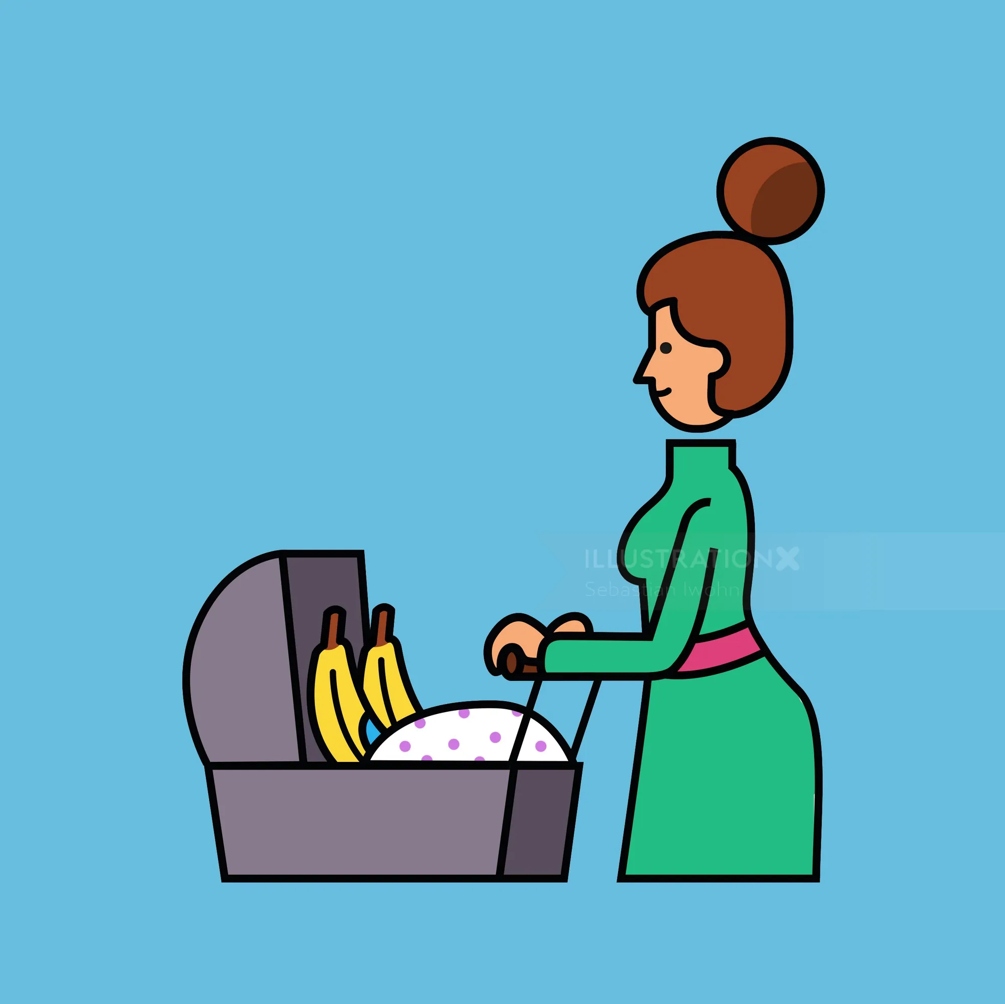 Woman pushing a stroller with bananas inside, illustration by Sebastian Iwohn